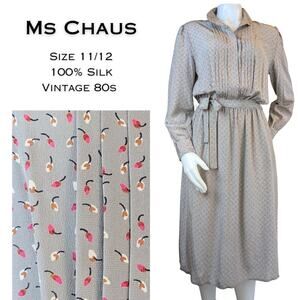 VTG 80s Ms Chaus Midi Dress 12 Gray Pink Floral Print Silk Long Sleeve Pleated